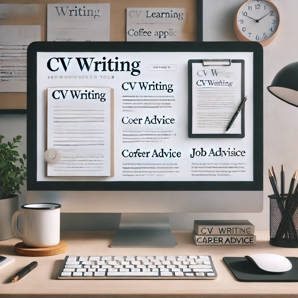 Blog layout displayed on a computer screen showing a list of articles about CV writing, career advice, and job applications in a modern workspace.