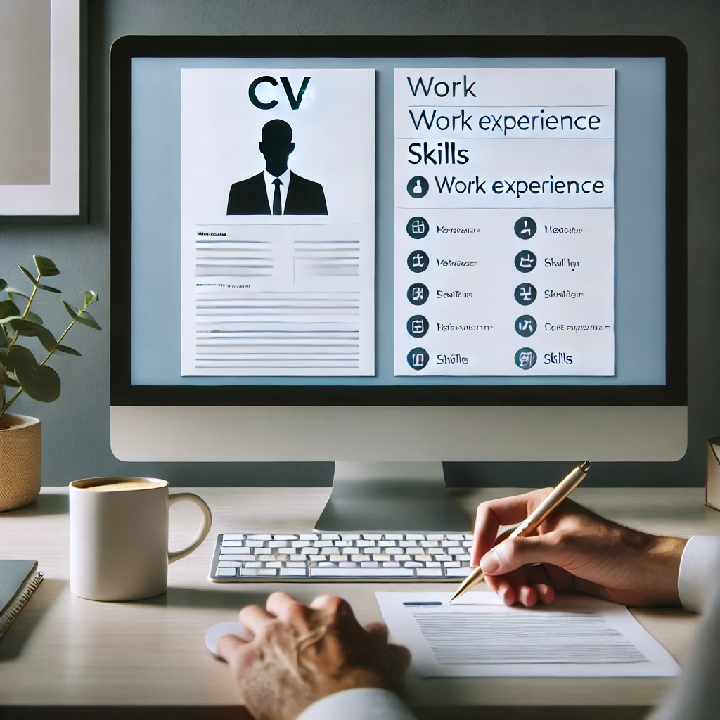 Person adjusting their CV on a computer screen in a clean, minimalist desk setup with a coffee mug and plant on the side.