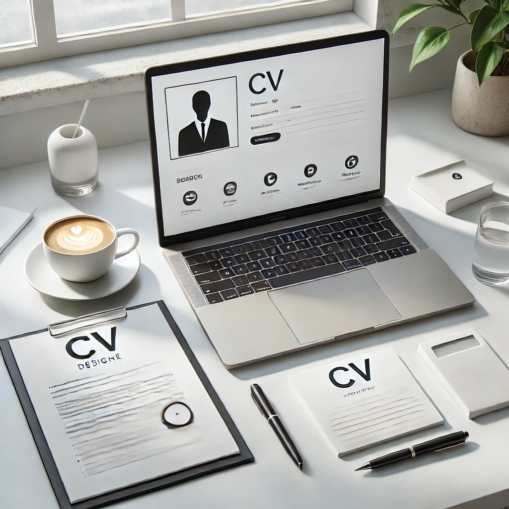 Professional desk with a laptop displaying a CV design template, a coffee cup, notepad, and pen, in a minimalistic and well-lit workspace with a plant in the background.