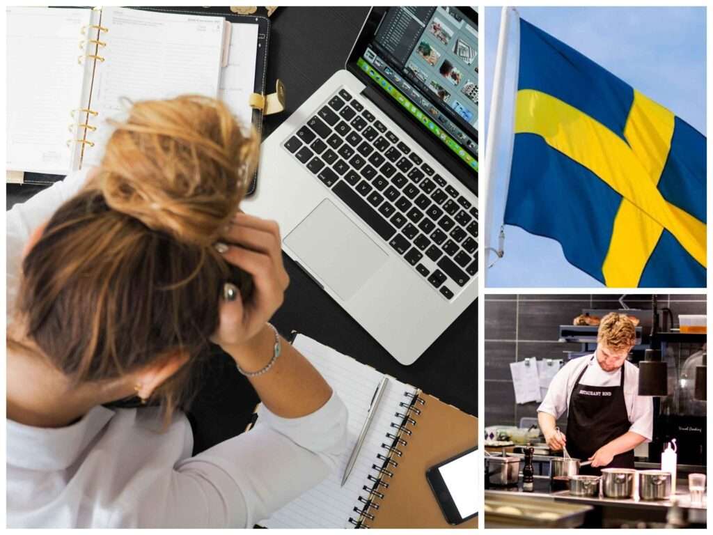 Kollage som visar en kvinna vid en dator som verkar stressad, den svenska flaggan, och en kock på en restaurang, vilket symboliserar arbetsmarknaden i Sverige.